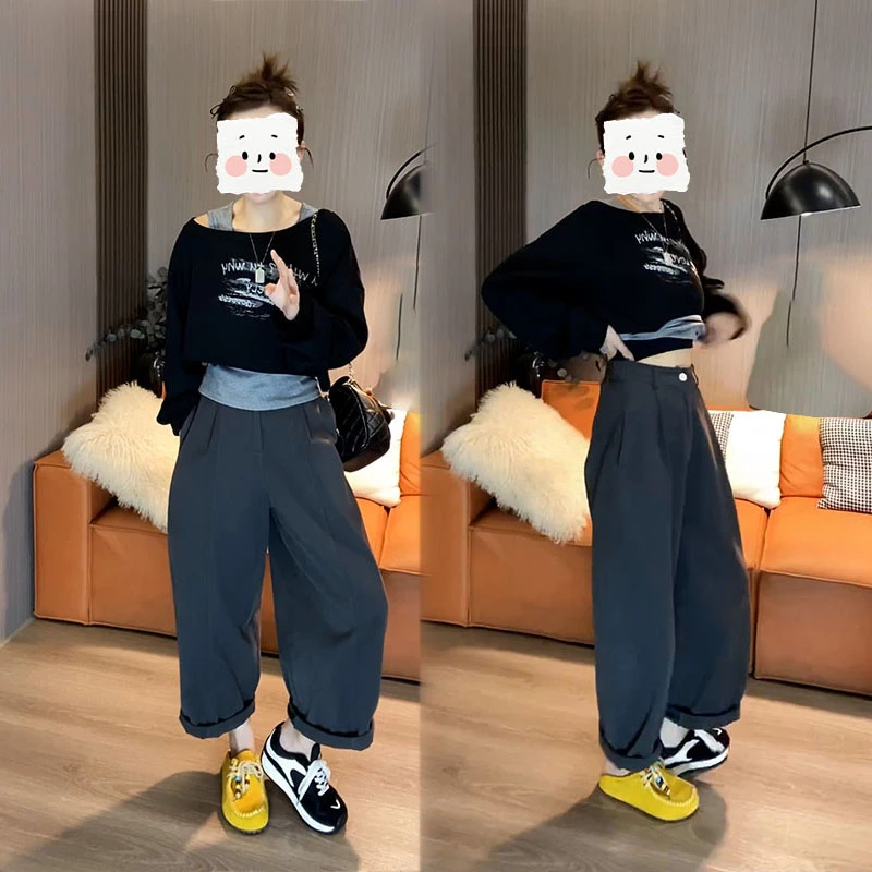 早秋时尚百搭高级感修身复古印花卫衣+背休闲裤显瘦气质三件套