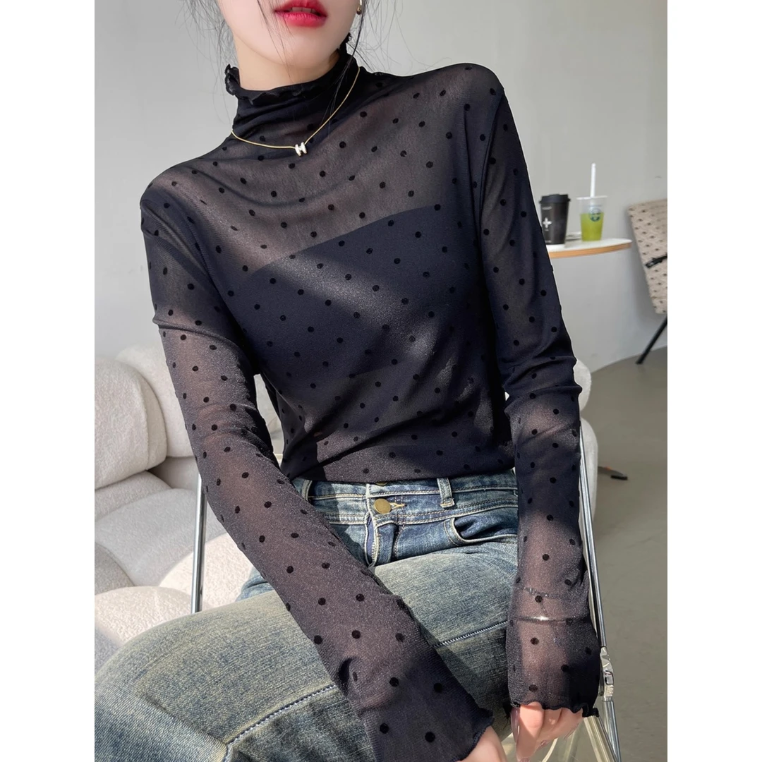 高领波点网纱黑色打底衫女内搭早秋2025新款长袖t恤外穿上衣薄款