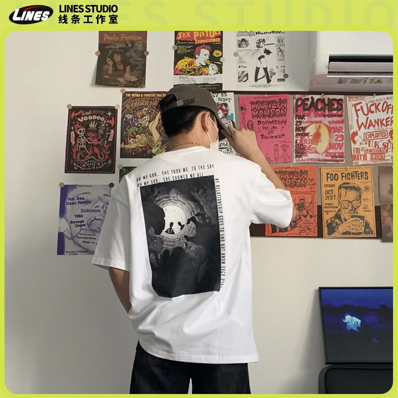 Line夏季美式复古深渊印花男士t恤短袖情侣纯棉宽松休闲圆领T恤女