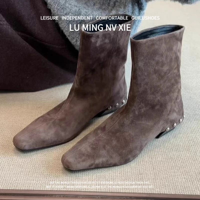 羊皮版~2025秋冬新款法式复古方头铆钉短靴女款粗跟瘦瘦靴马丁靴