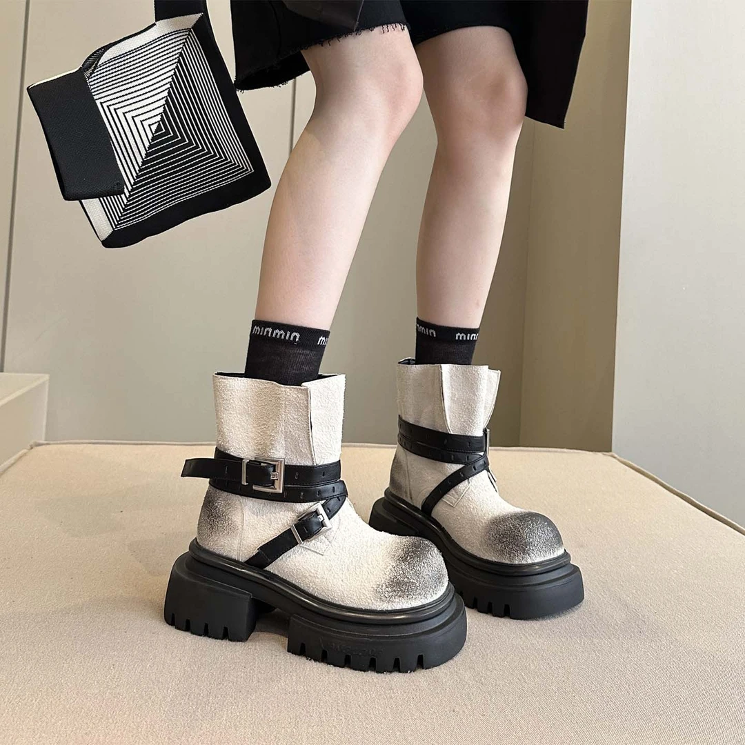 真皮大头厚底松糕帅气皮带扣辣妹马丁靴机车靴凉靴松糕小个子女鞋