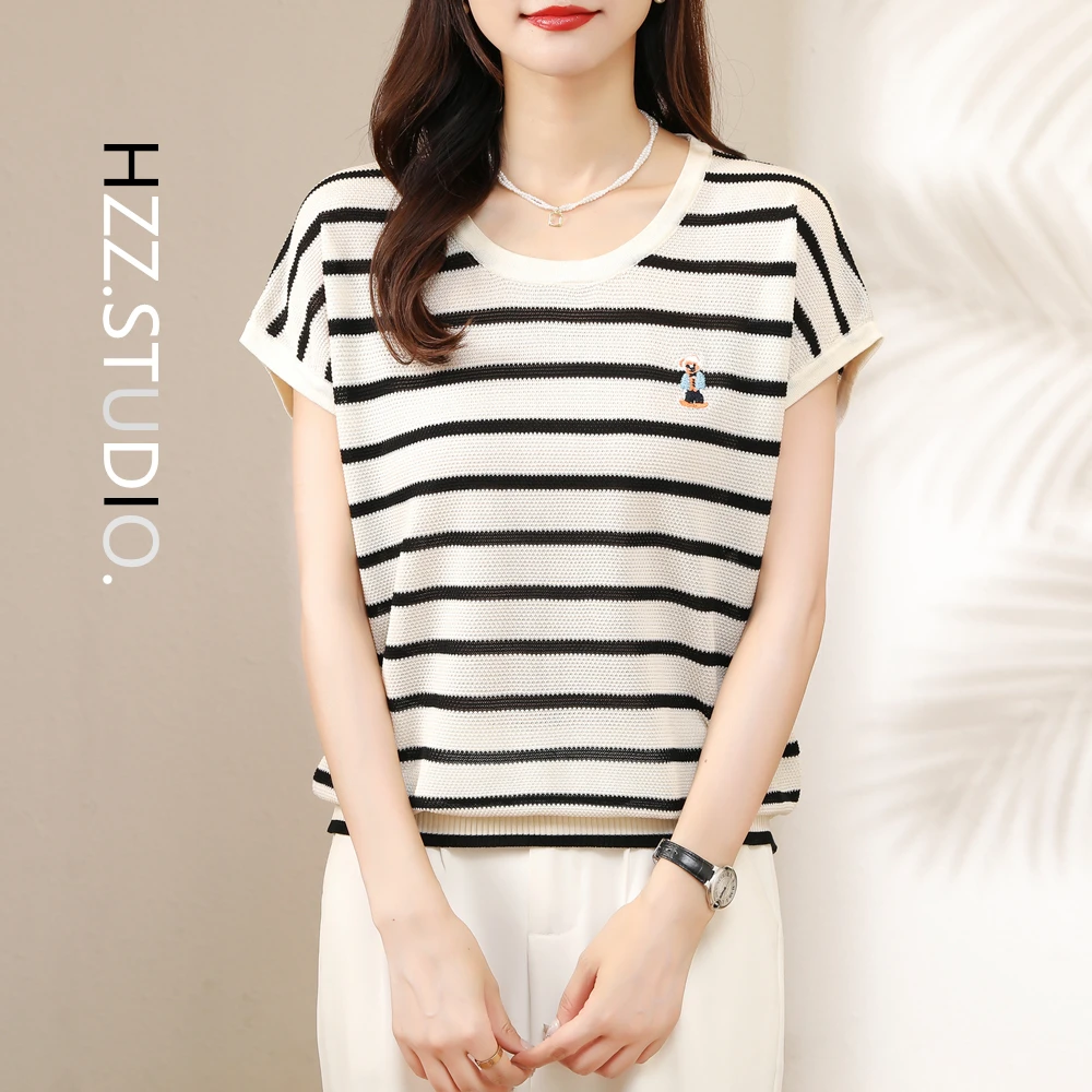 100莱赛尔天丝~小熊刺绣条纹短袖女薄款夏季宽松休闲飞飞袖针织衫