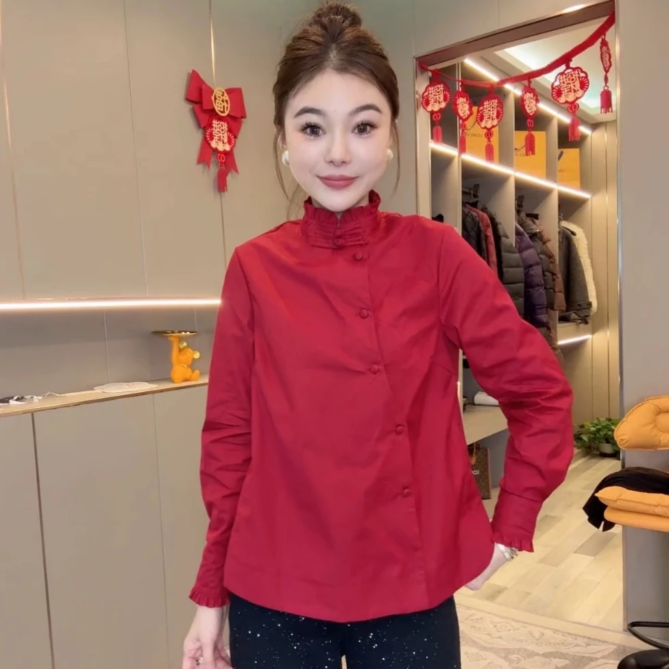 高级感气质显瘦长袖纯色春秋季立领网红斜襟百搭衬衣衬衫时尚打底