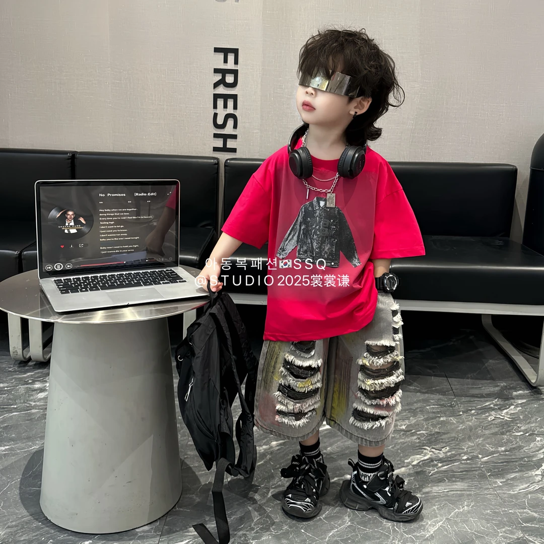 【破价】2025韩国童装儿童短袖牛仔衣潮品街风带感短t