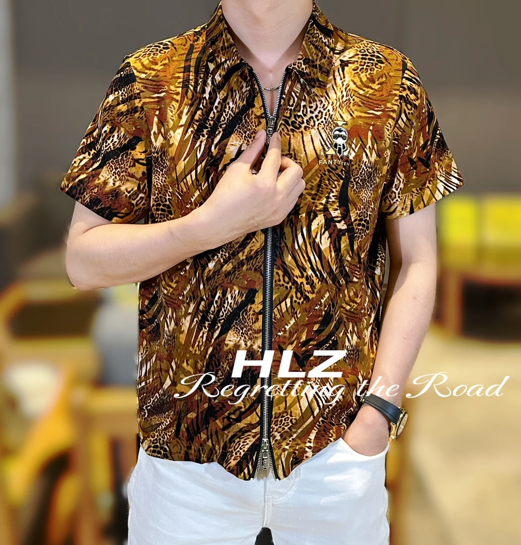 2025夏季新款男士时尚个性休闲时尚豹纹图案双拉链翻领短袖衬衫