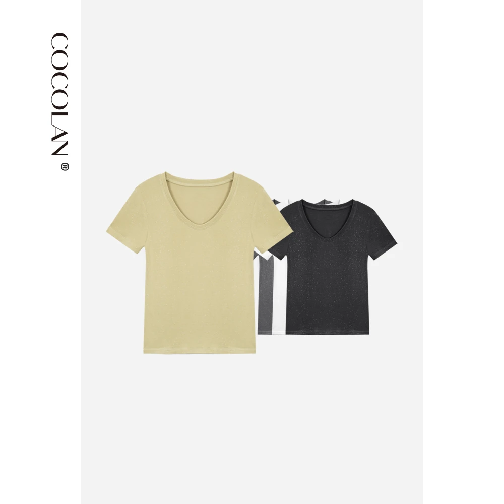 COCOLAN【满天星】细闪纯色V领闪闪短袖T恤女CL1TX5068