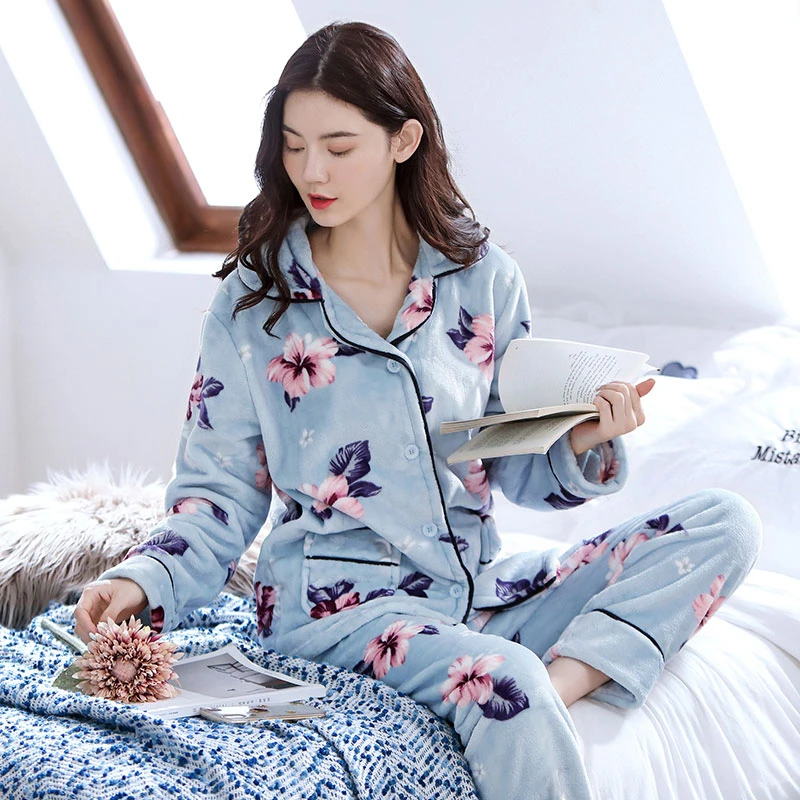 睡衣女士秋冬季冬天冬款珊瑚绒加厚加绒保暖法兰绒家居服大码套装