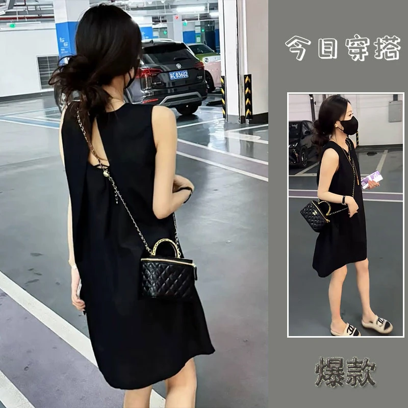 2025夏季新款黑色高级感露背气质无袖A字裙女欧货宽松遮肚连衣裙