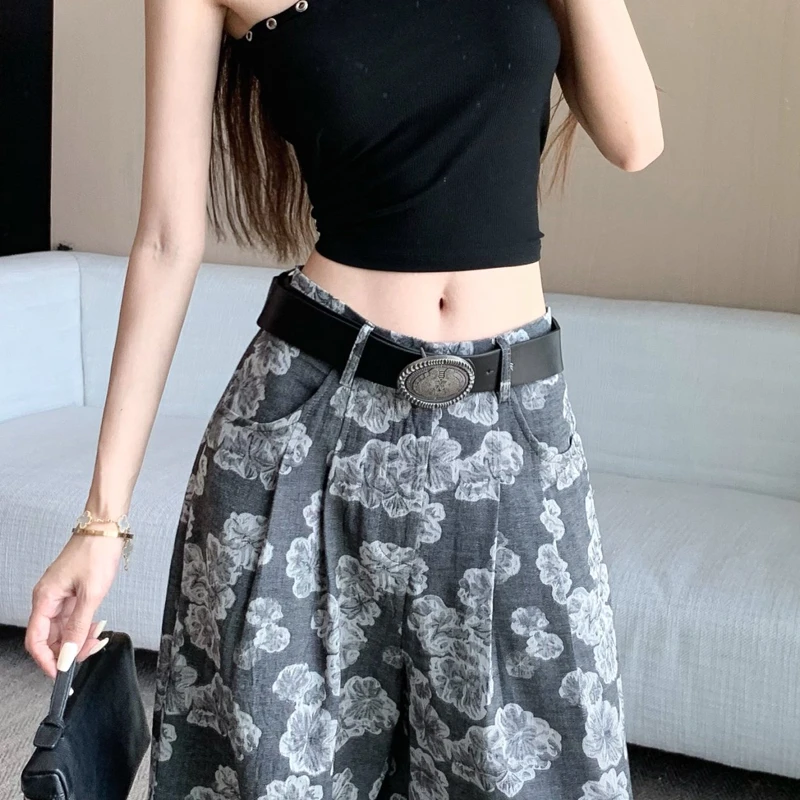 时尚百搭玫瑰花宽松阔腿裤女夏季薄款设计感高腰裤垂感拖地直筒裤