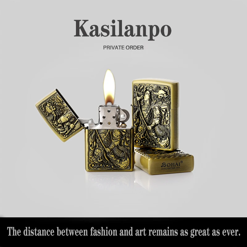 1关公青铜煤油怀旧复古高端浮雕工艺防风打火机老式砂轮个性立体