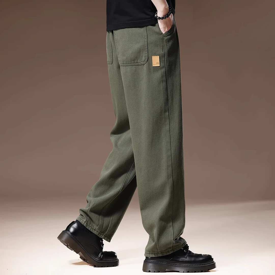 香港春季新款复古纯棉休闲裤男士春秋款重磅宽松阔腿直筒长裤子男