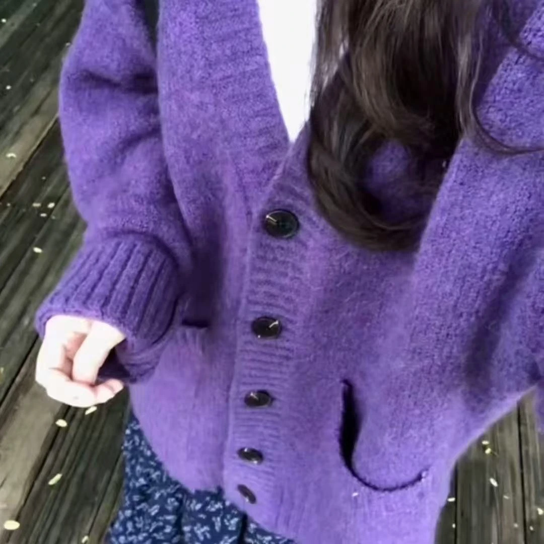 法式复古软糯慵懒风针织开衫高级感超好看减龄紫色毛衣外套女秋季