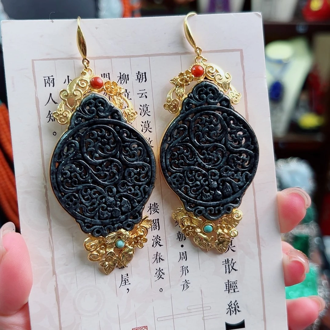 银S925镶嵌翡翠耳饰国风