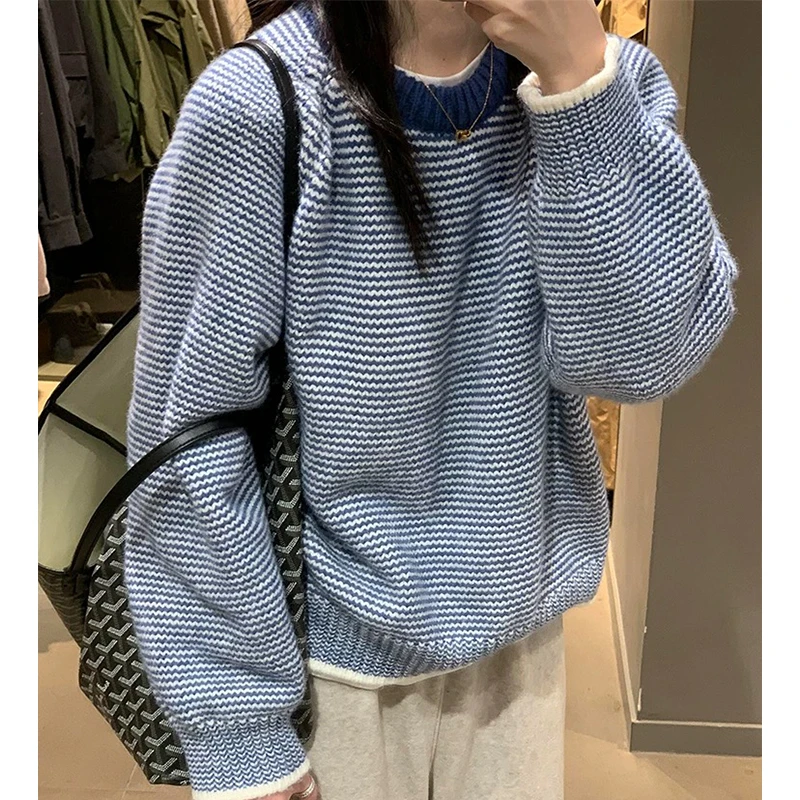【丹姐家~蓝色条纹】慵懒风时尚韩系针织衫