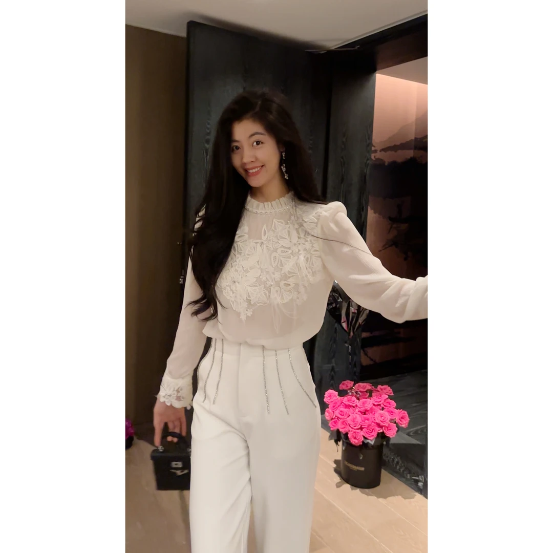 N.COU妮蔻25秋新款法式复古精致洋气重工蕾丝钉珠刺绣衬衫DY22198