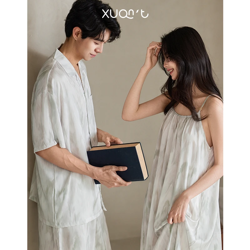 轩之婷情侣睡衣夏季冰丝凉感吊带睡裙女可外穿短袖短裤男士家居服