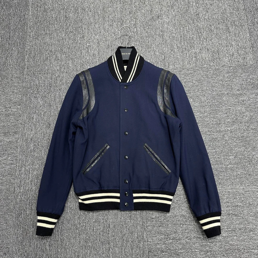 95新 YSL/圣罗兰 蓝黑 拼皮 棒球服/44码/09928