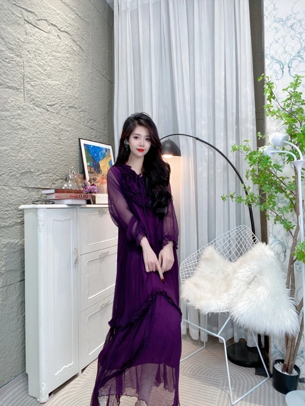 Bikamo/比卡陌早春新款拼接长袖真丝连衣裙A字裙Y9221紫色