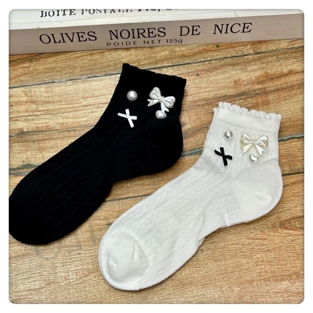 蝴蝶结网眼短袜女夏季薄款透气镶钻配饰仙女风短筒袜