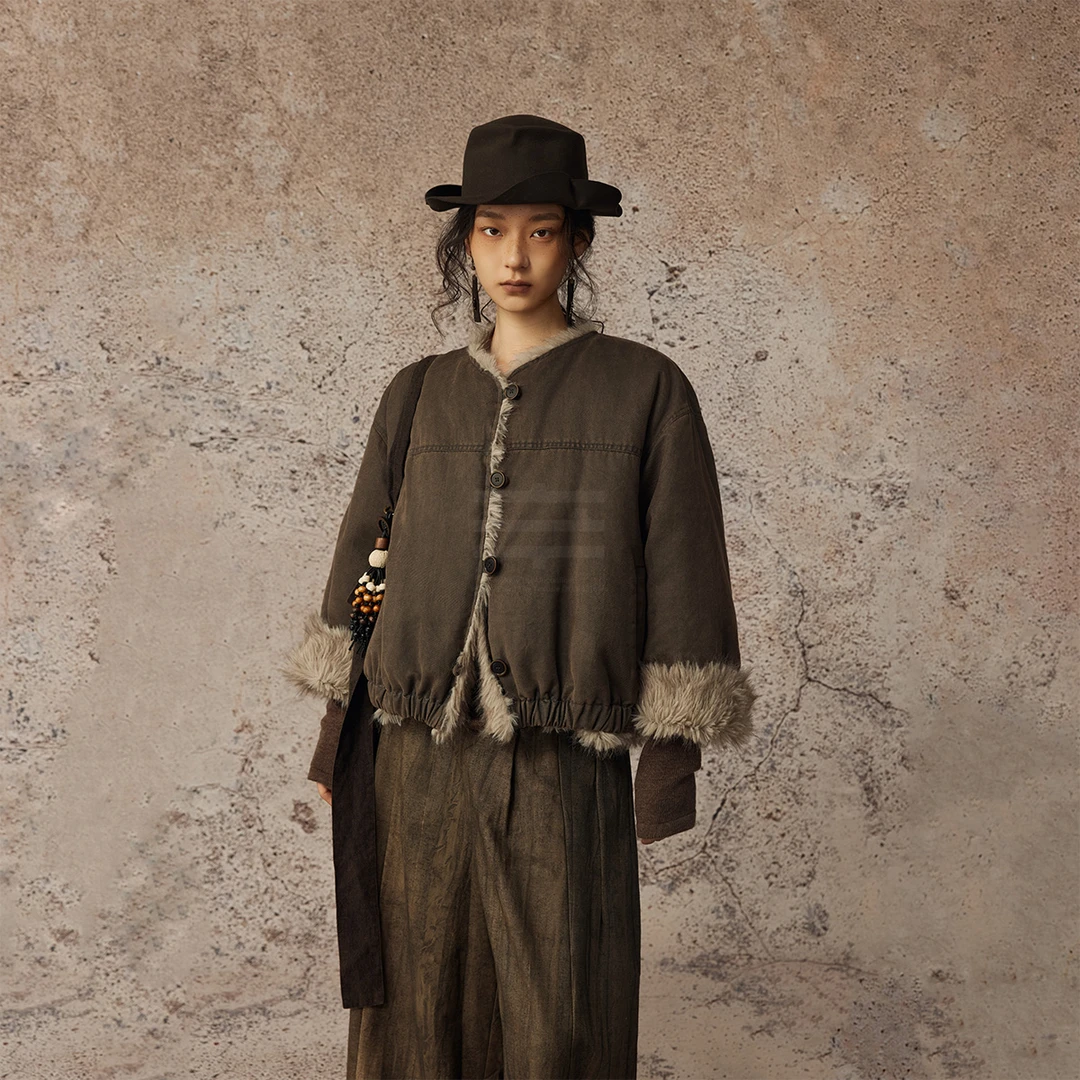 CatalpaLew「布茸」墟生美学做旧浅调毛绒棉麻90白鸭羽绒服#C53775