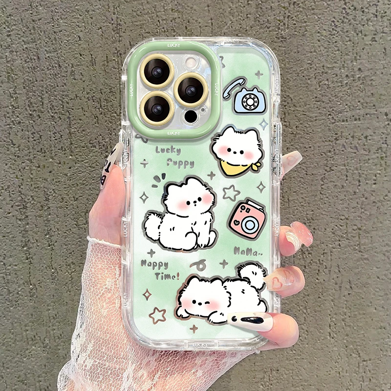 绿底小狗适用苹果15华为vivo/oppo小米iPhone16镜面奶油壳手机壳