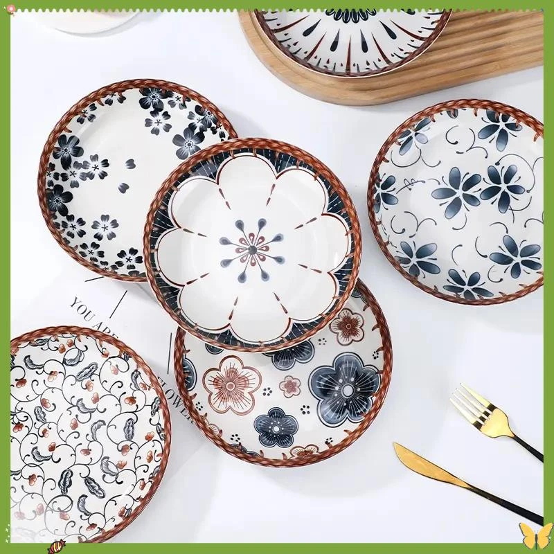 6个陶瓷8英寸盘子复古藤编多色混装家用炒菜用盘子微波炉可用D670