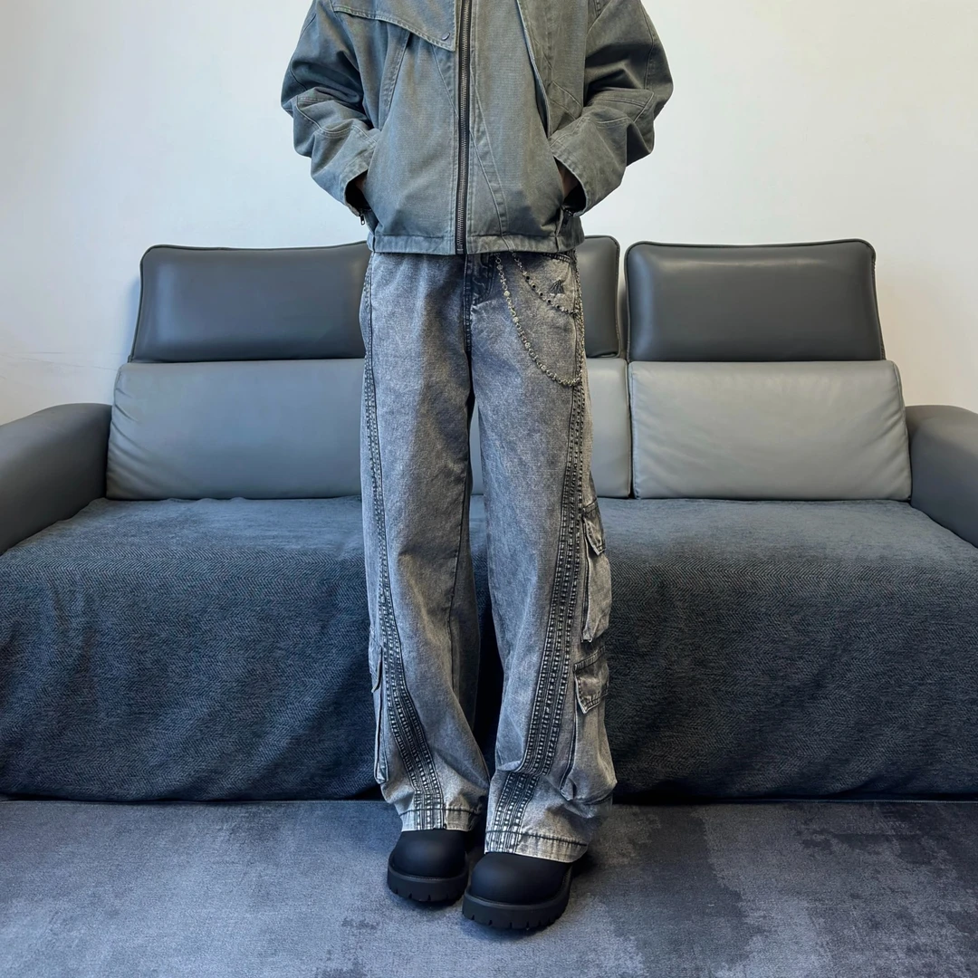 KUKU 美式重磅水洗多口袋工装牛仔裤男女复古宽松条纹拼接裤子