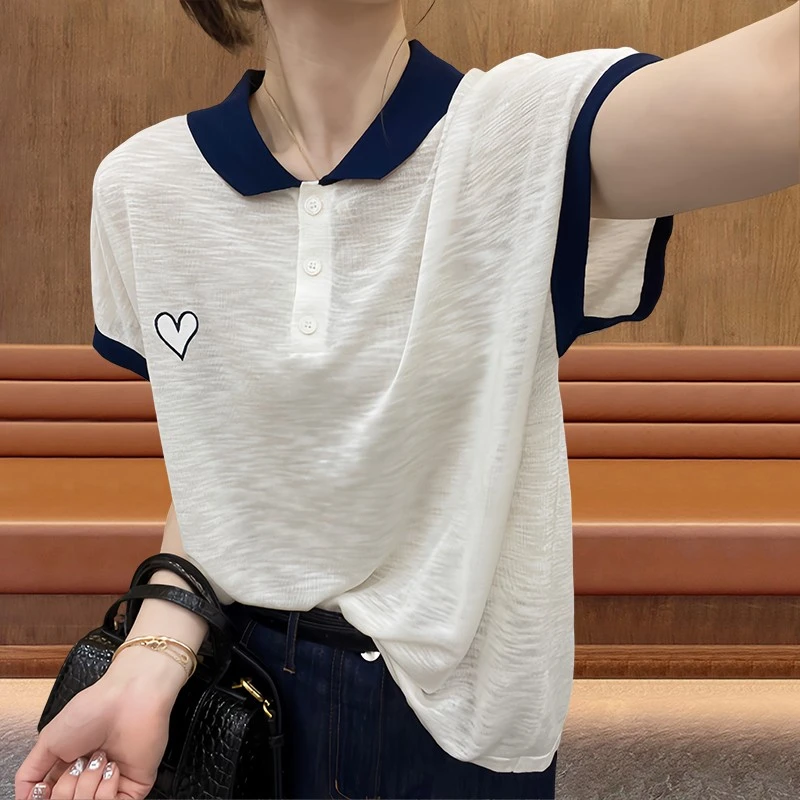 竹节棉洋气减龄短袖t恤女2025夏季春游出行衣服翻领撞色百搭上衣