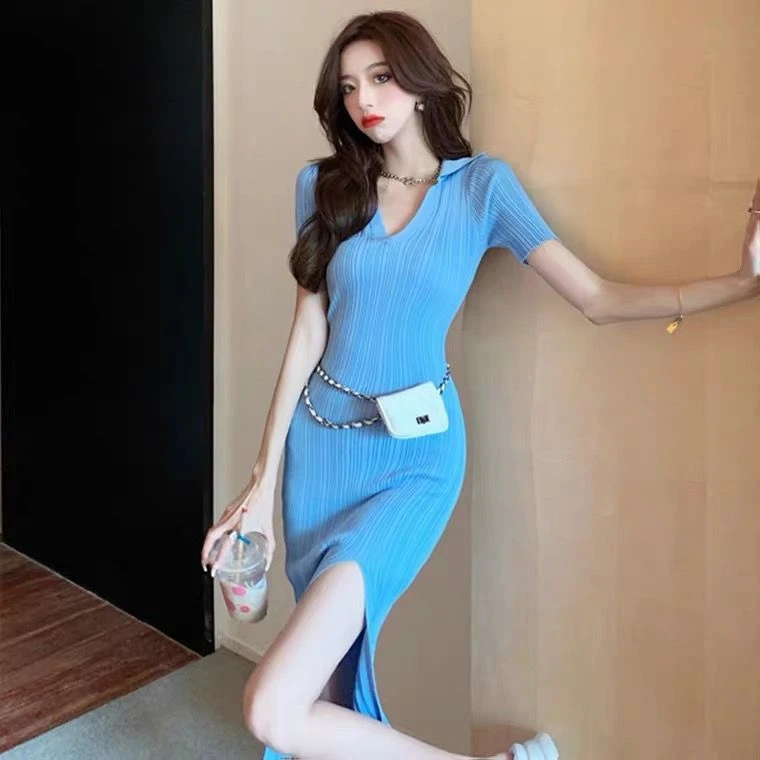 法式蓝色领气质针织连衣裙女夏季修身设计性感辣妹开叉包臀长裙