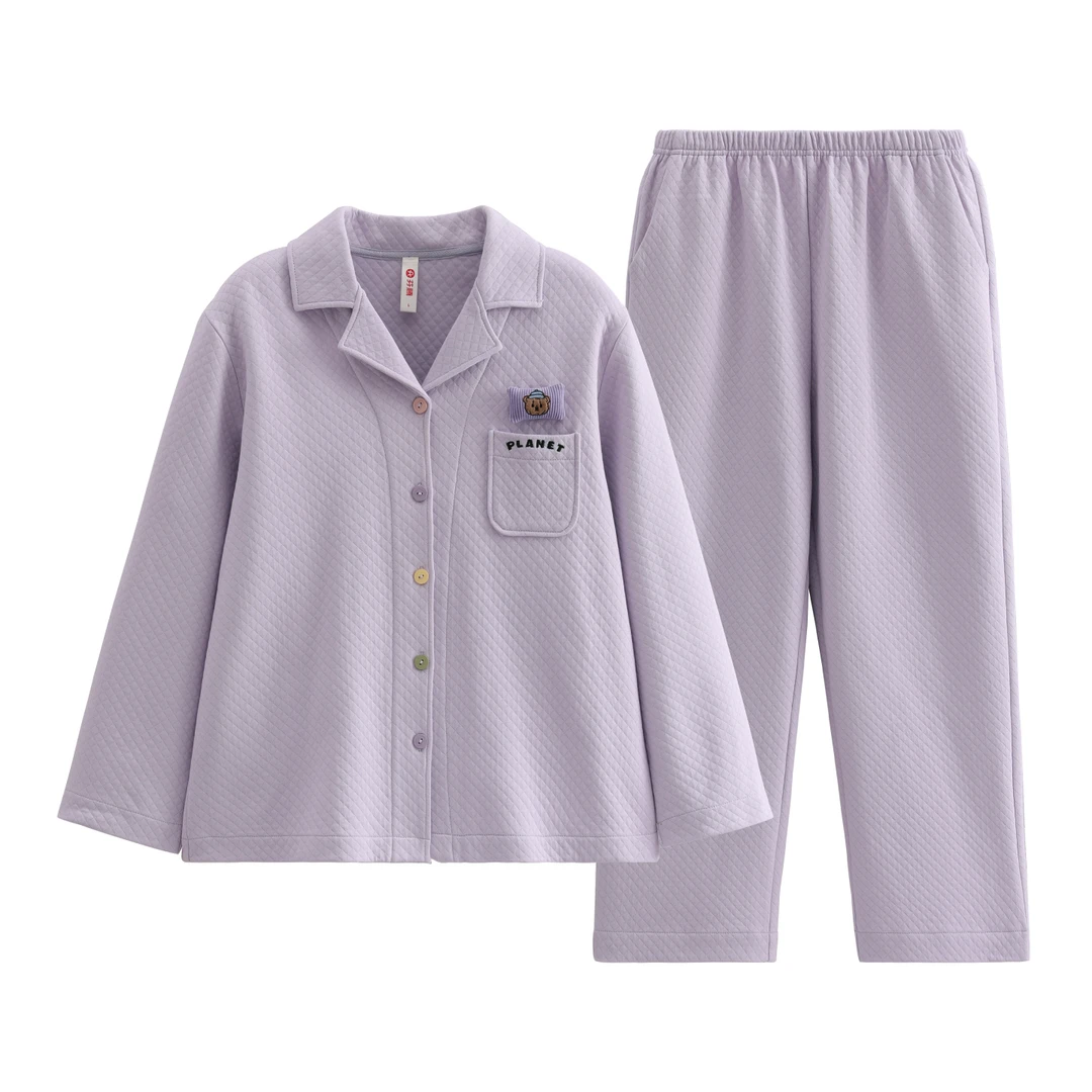 芬腾空气棉夹层针织薄夹棉春秋款女大学生睡衣长袖长裤家居服套装