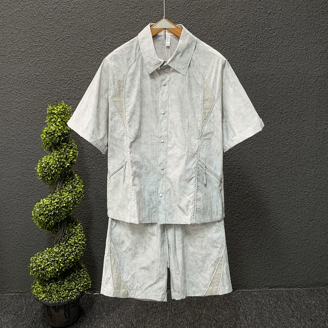 夏季男士时尚简约休闲衬衫套装潮流舒适拼接风薄款透气男款套装