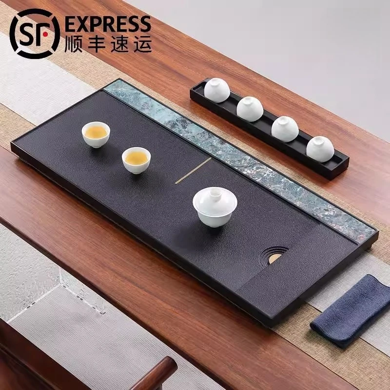 天然乌金石茶盘搭配岩板高端茶盘就用长方形石茶盘茶桌专用茶盘
