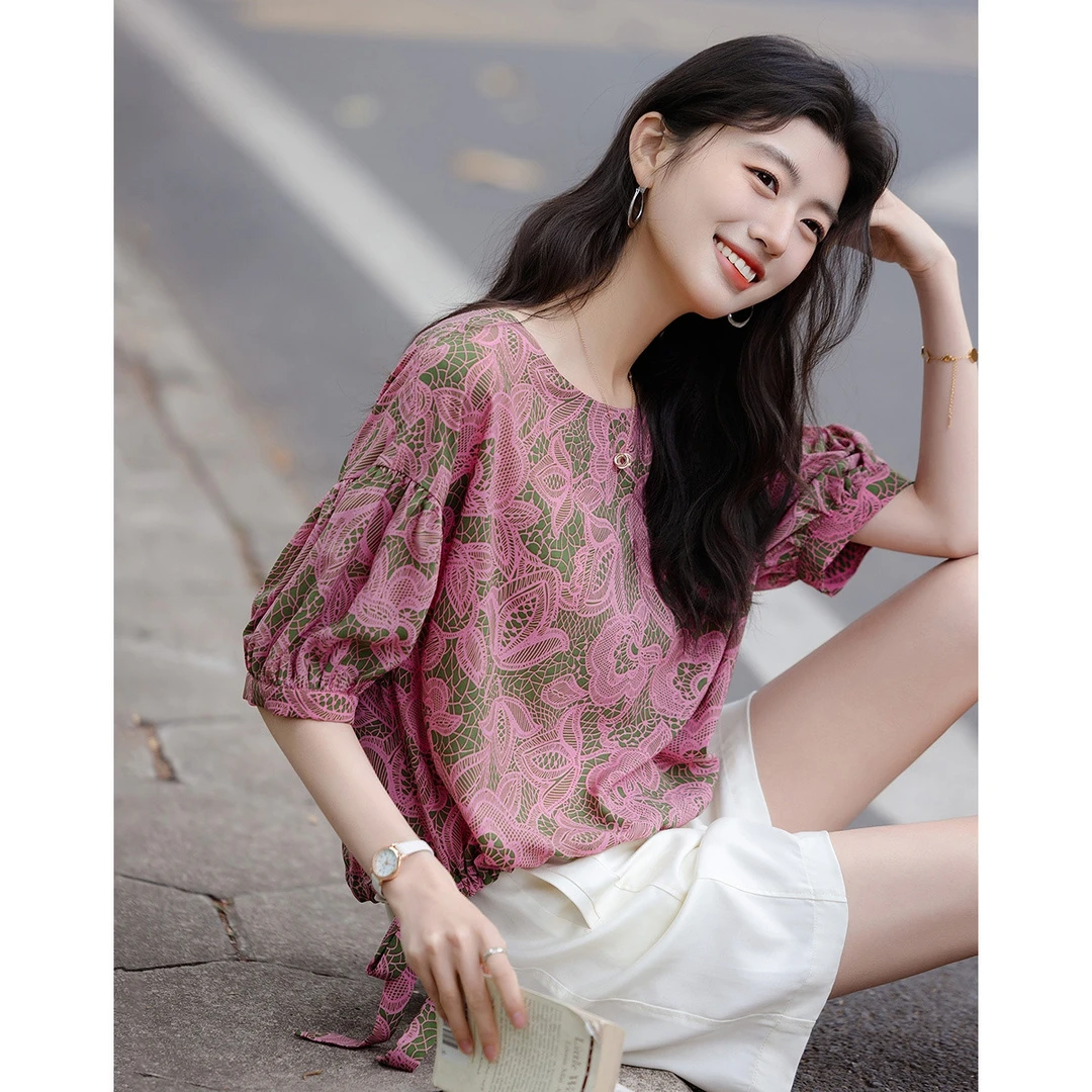 飘逸复合丝花瑶夏季法式灯笼袖衬衫侧边系带抽绳T恤女装上衣