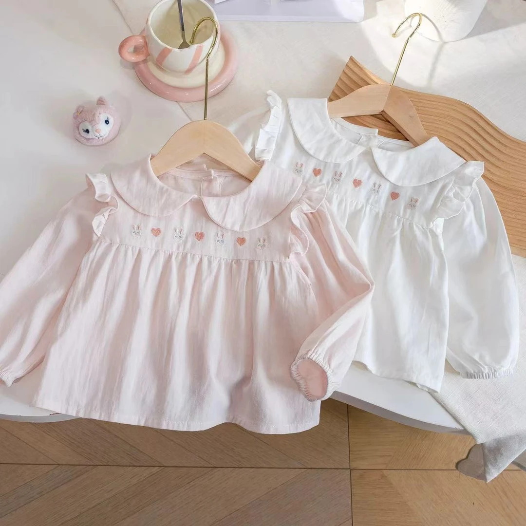 儿童纯棉衬衫春秋2025女童娃娃领长袖上衣宝宝洋气韩版刺绣娃娃衫