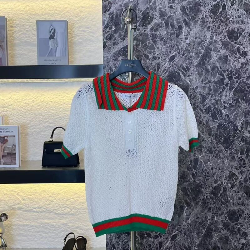 241*上衣时尚休闲百搭夏季镂空潮流条纹圆领A22008