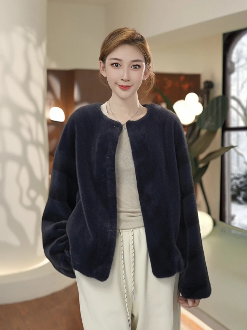 2025秋冬新款加绒保暖时尚洋气圆领大码女装皮毛一体毛毛外套女