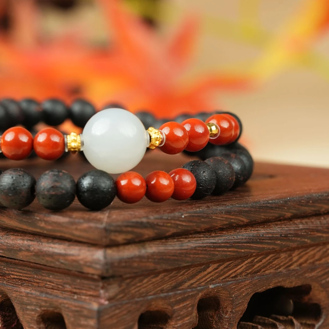 吸金降真香南红玛瑙和田玉s925银双圈手串