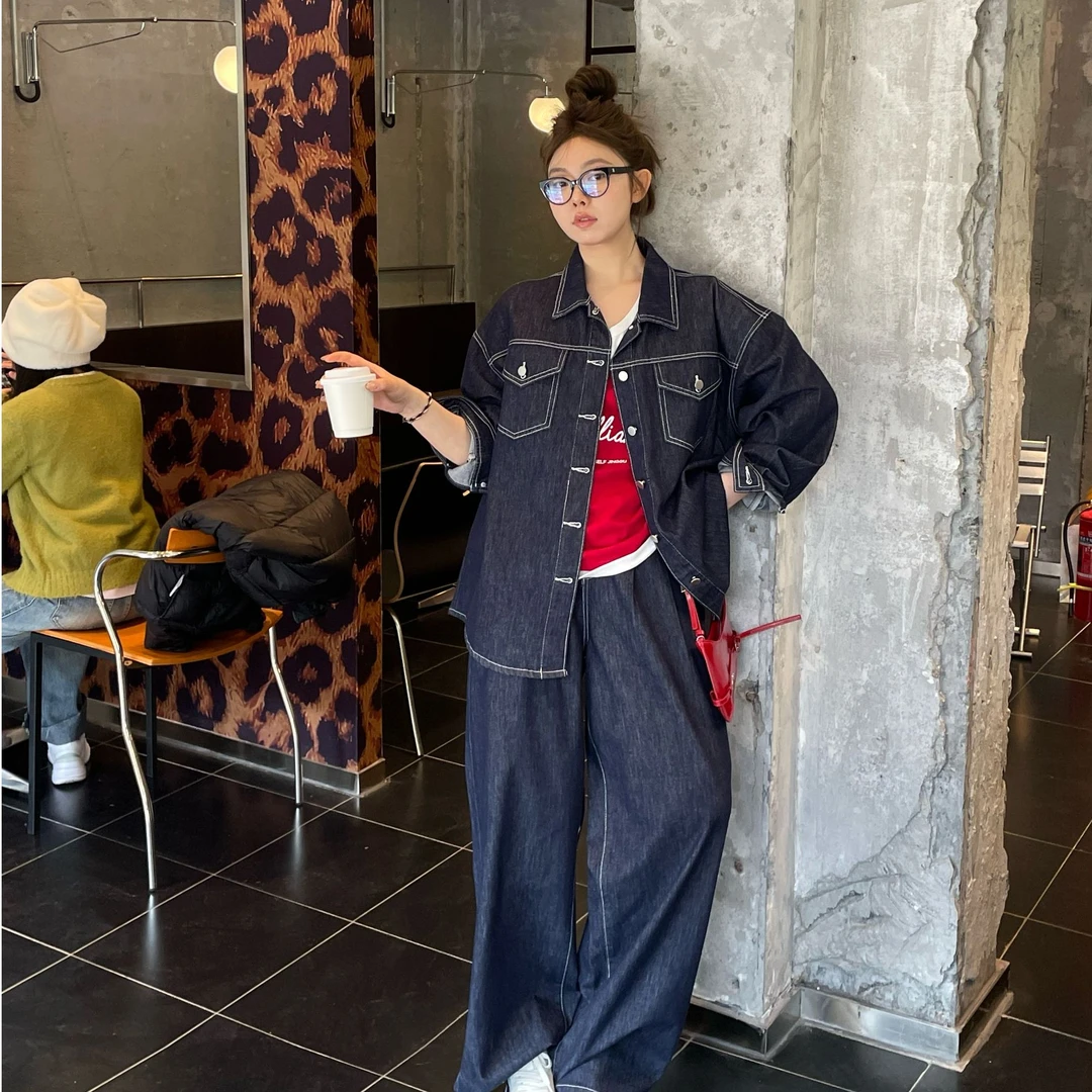 晶咕【限定周刊】复古时尚韩版水洗明线装饰休闲牛仔套装