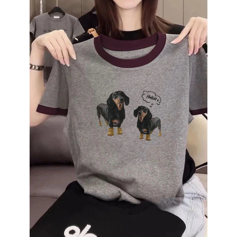 韩版时尚撞色圆领短袖T恤女2025夏季设计感气质减龄休闲百搭上衣