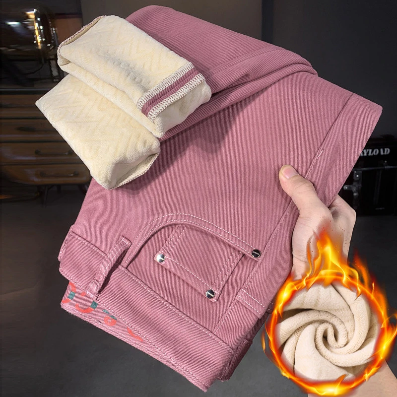 加绒加厚粉红色牛仔裤男修身小直筒高端潮流时尚秋冬百搭休闲长裤