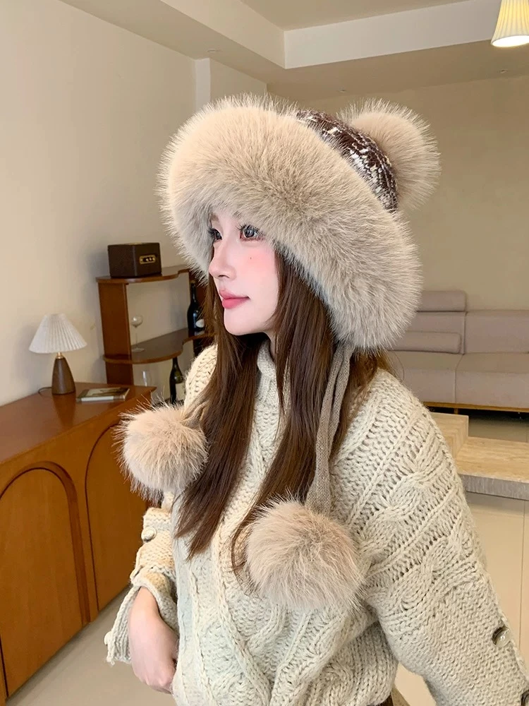 冬季可爱雷锋帽子加绒新款针织护耳毛绒帽加厚保暖东北防寒毛线帽