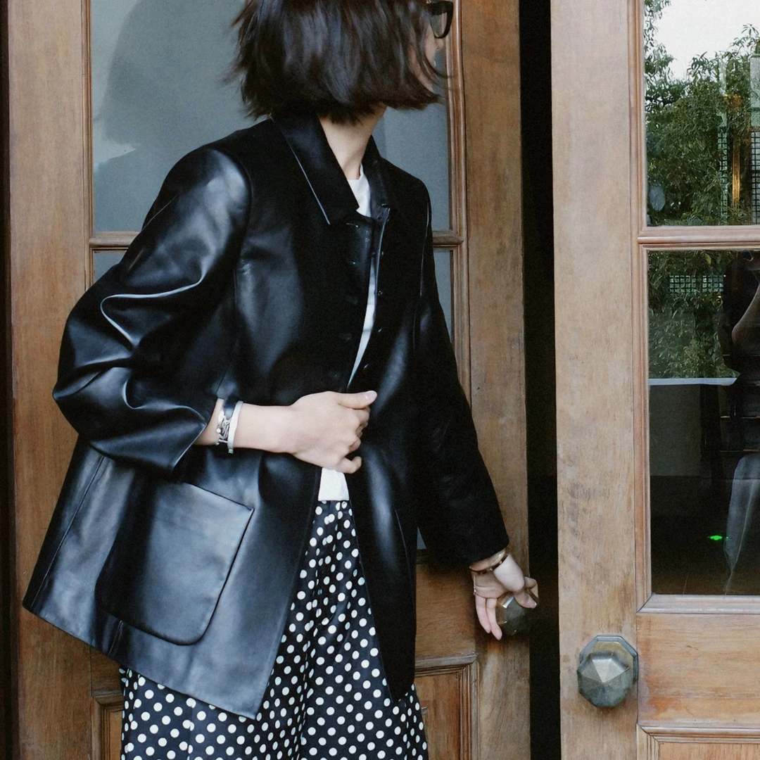 DE Mincollection娃娃领皮衣/正肩娃娃领双贴袋复古羊皮皮衣PW172