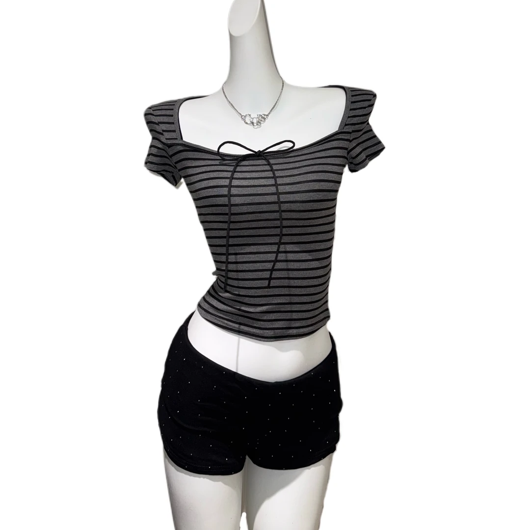 【市市推荐】夏季新款条纹方领蝴蝶结短款短袖修身显瘦百搭上衣女