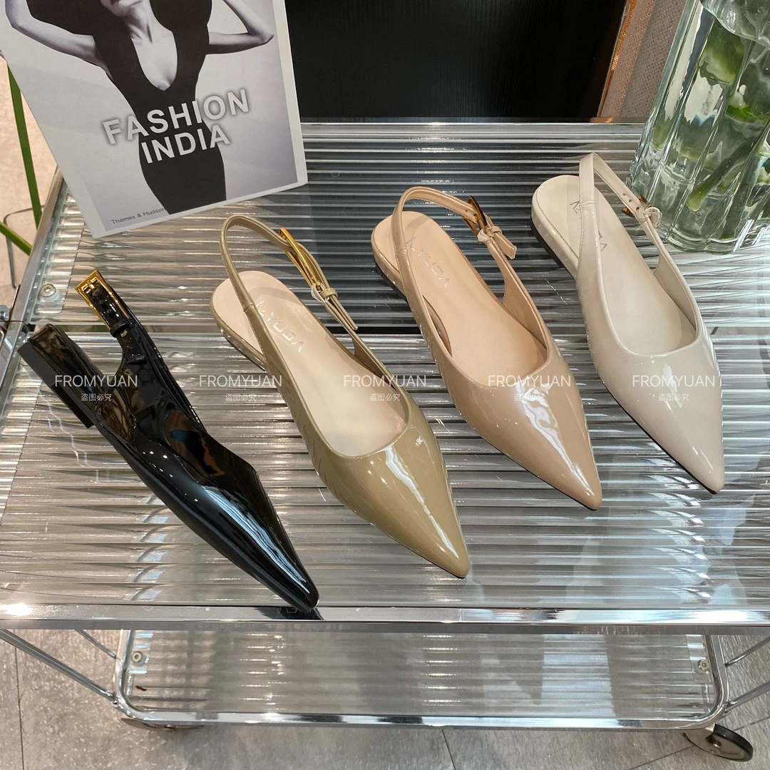 88035亮面漆面平底鞋浅口法式低跟女尖头外穿时装凉鞋时百搭气质