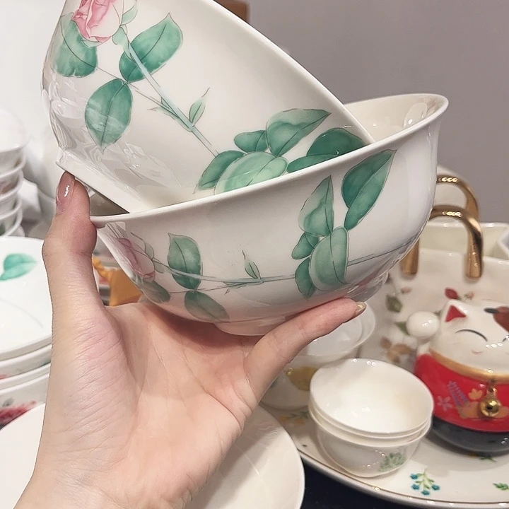 瓷片玫瑰6寸面碗2个瓷片