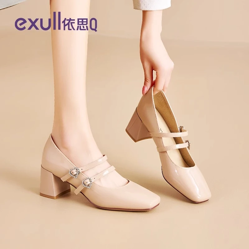 依思Q粗跟高跟鞋女2025新款女鞋法式复古玛丽珍鞋浅口单鞋小皮鞋