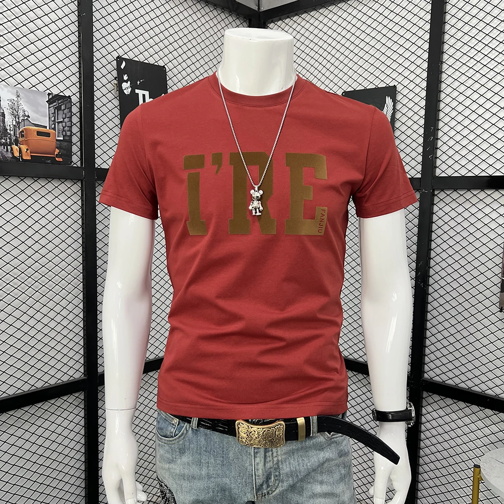 T恤上衣运动休闲男装丝光棉ins贴布短袖植绒字母修身韩版潮流半袖