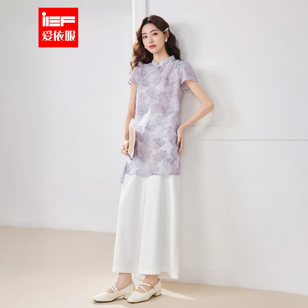 IEF/爱依服2025新款夏季梭织短袖蕾丝新中式提花上下气质套裤