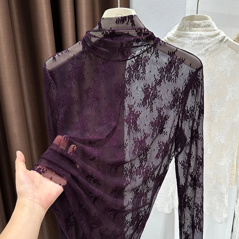 紫色高领提花网纱蕾丝衫女秋季新款修身显瘦长袖打底衫镂空内搭女