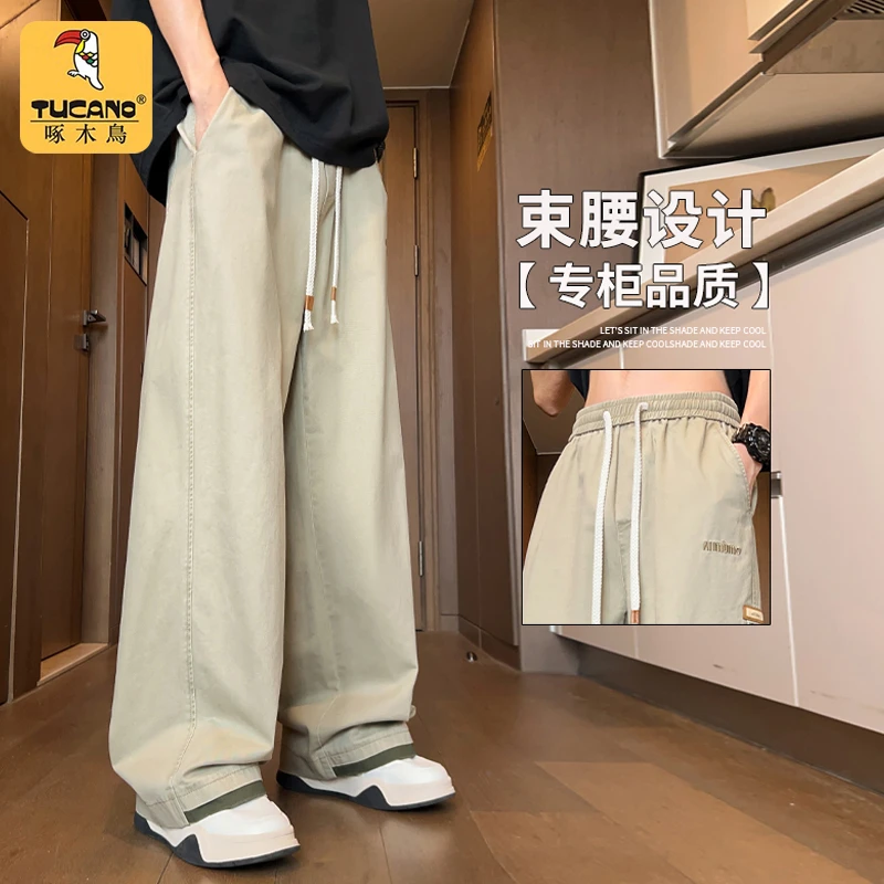 啄木鸟美式春秋纯棉休闲裤男士宽松直筒阔腿垂感潮牌工装长裤子男